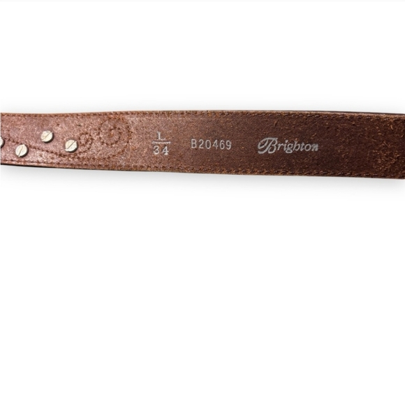 BRIGHTON Brown Leather Belt Blue Enameled Flowers Buckle w/ Embroidery & Rivets